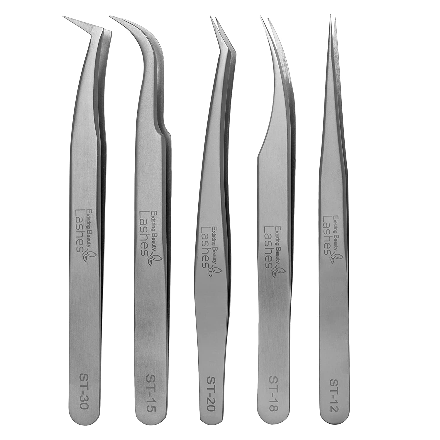 ExistingBeauty Eyelash Applicator Tweezers - 5 Pcs of Lash DIY Precision Set, Stainless Steel Curved Tools